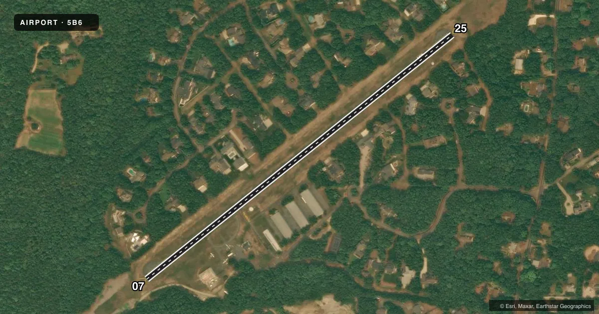 Top-down satellite sketch of 5B6 FALMOUTH AIRPARK in FALMOUTH, MASSACHUSETTS, showing runways 07/25 drawn to scale over Esri World Imagery