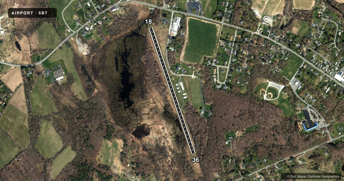 Top-down satellite sketch of 5B7 RENSSELAER COUNTY in TROY, NEW YORK, showing runways 18/36 drawn to scale over Esri World Imagery
