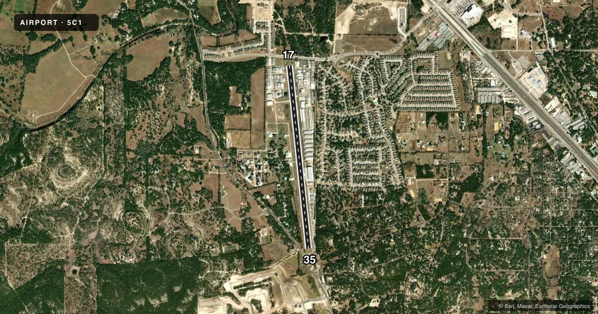 Top-down satellite sketch of 5C1 BOERNE STAGE AIRFIELD in SAN ANTONIO, TEXAS, showing runways 17/35 drawn to scale over Esri World Imagery