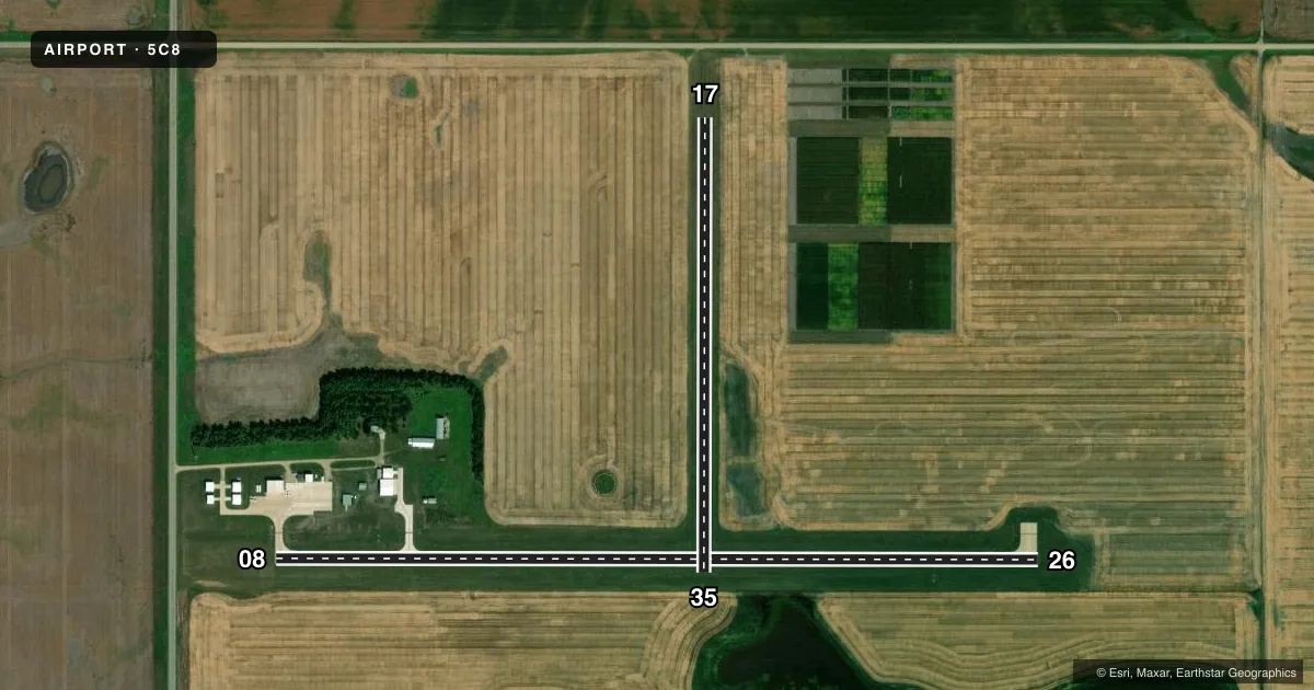 Top-down satellite sketch of 5C8 WASHBURN MUNI in WASHBURN, NORTH DAKOTA, showing runways 08/26, 17/35 drawn to scale over Esri World Imagery