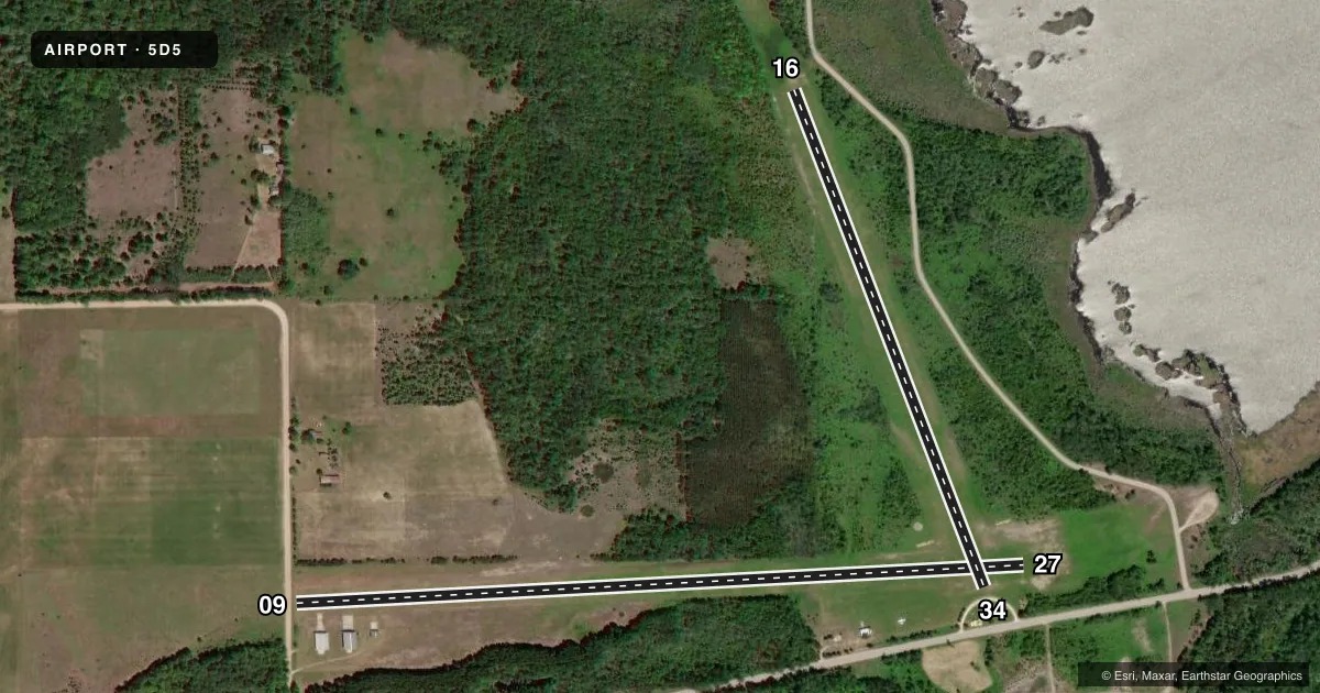 Top-down satellite sketch of 5D5 WOOLSEY MEML in NORTHPORT, MICHIGAN, showing runways 09/27, 16/34 drawn to scale over Esri World Imagery