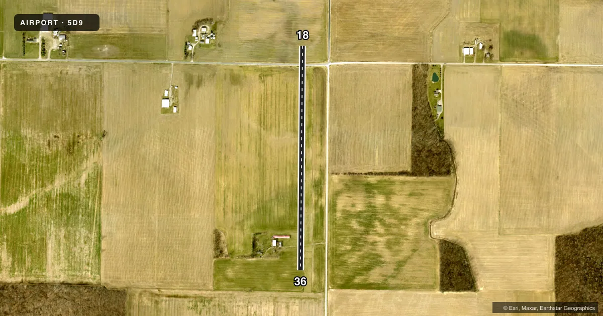 Top-down satellite sketch of 5D9 BANDIT FLD AIRDROME in CLYDE, OHIO, showing runways 18/36 drawn to scale over Esri World Imagery