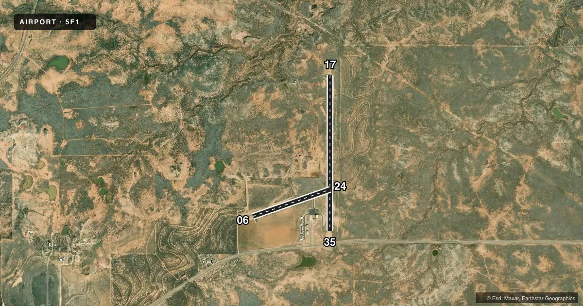 Top-down satellite sketch of 5F1 POST-GARZA COUNTY MUNI in POST, TEXAS, showing runways 17/35, 06/24 drawn to scale over Esri World Imagery