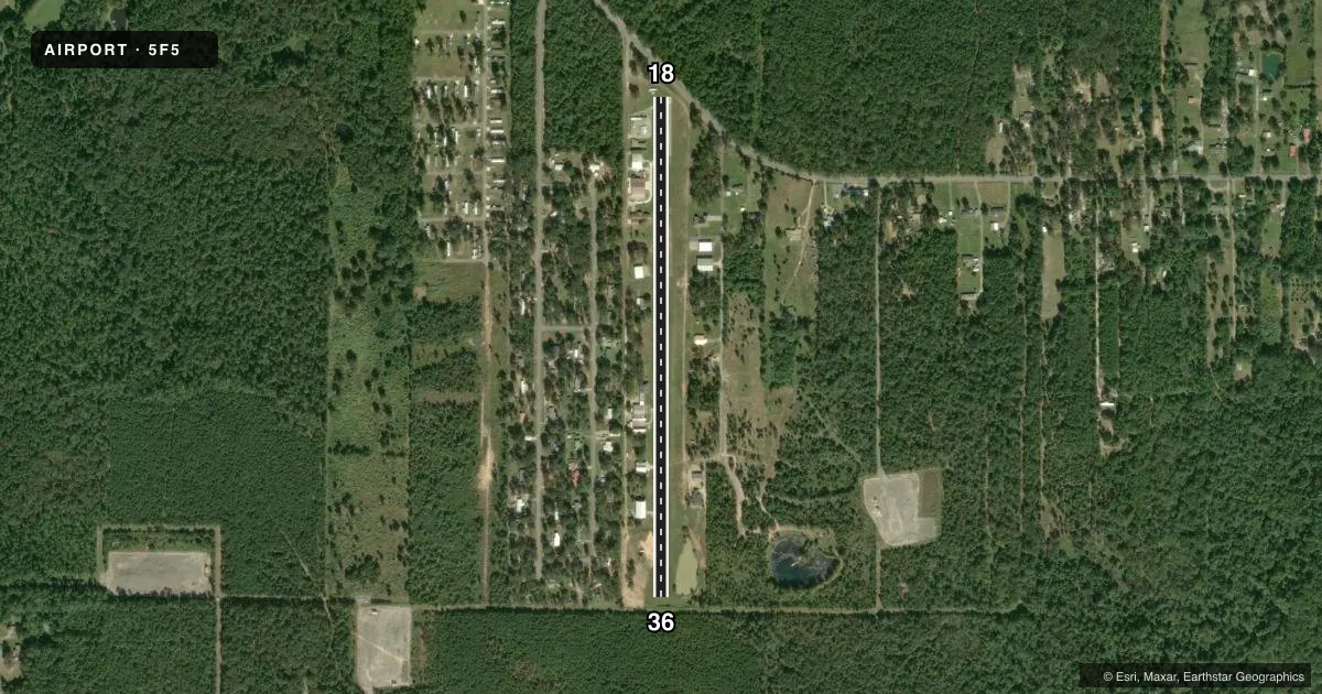 Top-down satellite sketch of 5F5 BLUEBIRD HILL in KEITHVILLE, LOUISIANA, showing runways 18/36 drawn to scale over Esri World Imagery