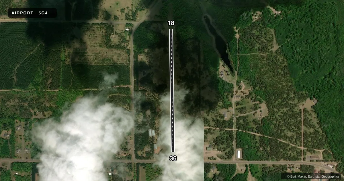 Top-down satellite sketch of 5G4 EAU CLAIRE LAKES in DRUMMOND, WISCONSIN, showing runways 18/36 drawn to scale over Esri World Imagery