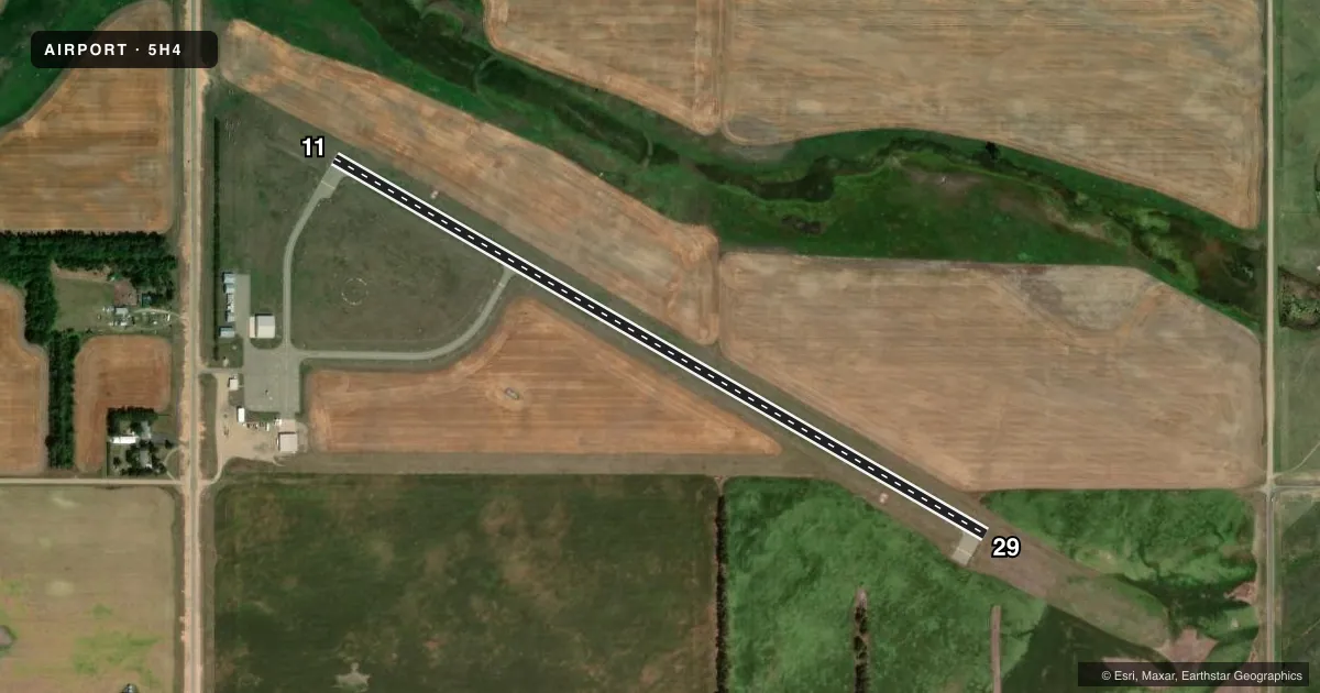 Top-down satellite sketch of 5H4 HARVEY MUNI in HARVEY, NORTH DAKOTA, showing runways 11/29 drawn to scale over Esri World Imagery