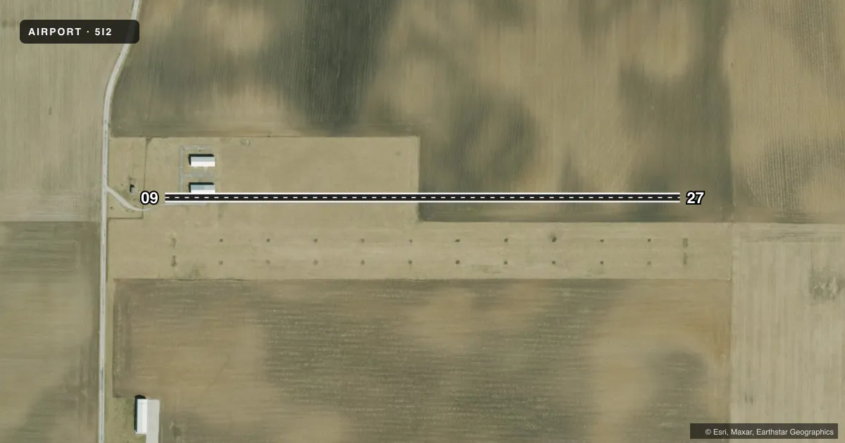 Top-down satellite sketch of 5I2 FLORA MUNI in FLORA, INDIANA, showing runways 09/27 drawn to scale over Esri World Imagery