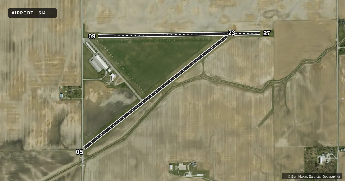 Top-down satellite sketch of 5I4 SHERIDAN in SHERIDAN, INDIANA, showing runways 05/23, 09/27 drawn to scale over Esri World Imagery