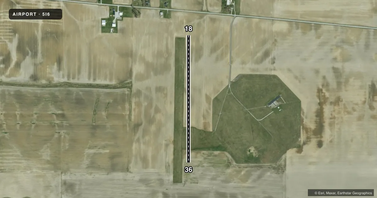Top-down satellite sketch of 5I6 GALVESTON in GALVESTON, INDIANA, showing runways 18/36 drawn to scale over Esri World Imagery