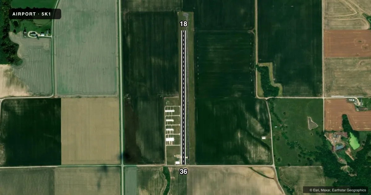 Top-down satellite sketch of 5K1 ZELMER MEML AIRPARK INC in PALMYRA, ILLINOIS, showing runways 18/36 drawn to scale over Esri World Imagery