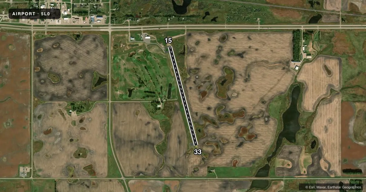 Top-down satellite sketch of 5L0 LAKOTA MUNI in LAKOTA, NORTH DAKOTA, showing runways 15/33 drawn to scale over Esri World Imagery