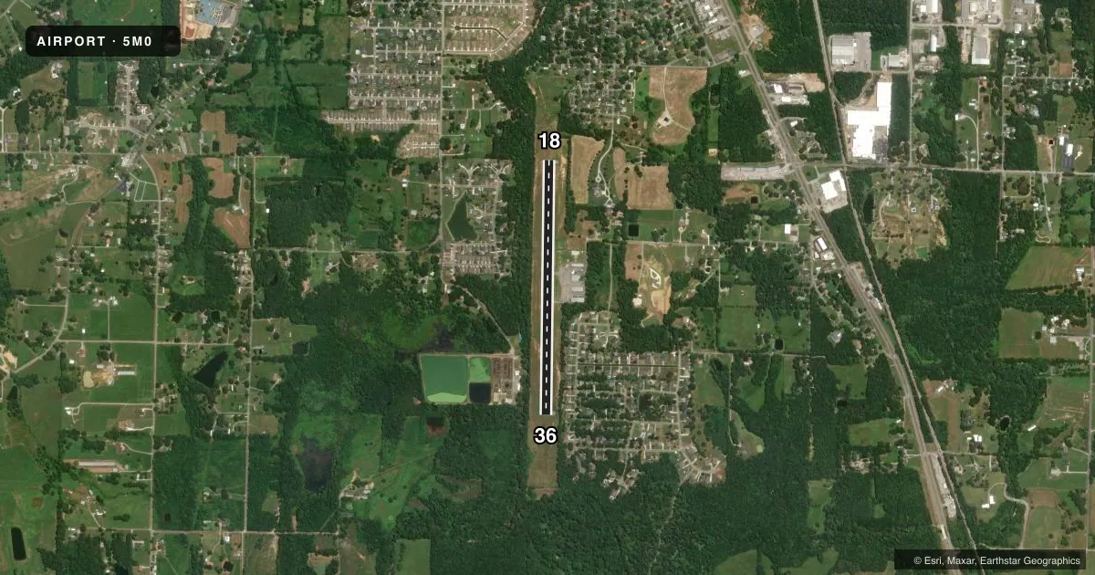 Top-down satellite sketch of 5M0 HARTSELLE/MORGAN COUNTY RGNL in HARTSELLE, ALABAMA, showing runways 18/36 drawn to scale over Esri World Imagery