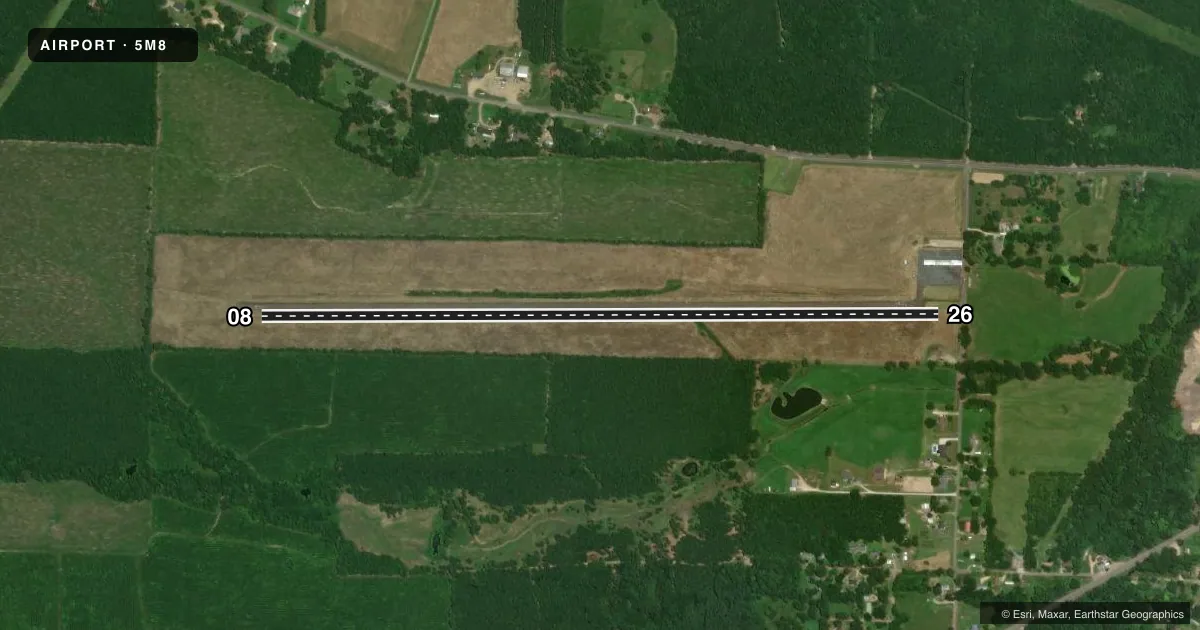 Top-down satellite sketch of 5M8 GURDON LOWE FLD in GURDON, ARKANSAS, showing runways 08/26 drawn to scale over Esri World Imagery