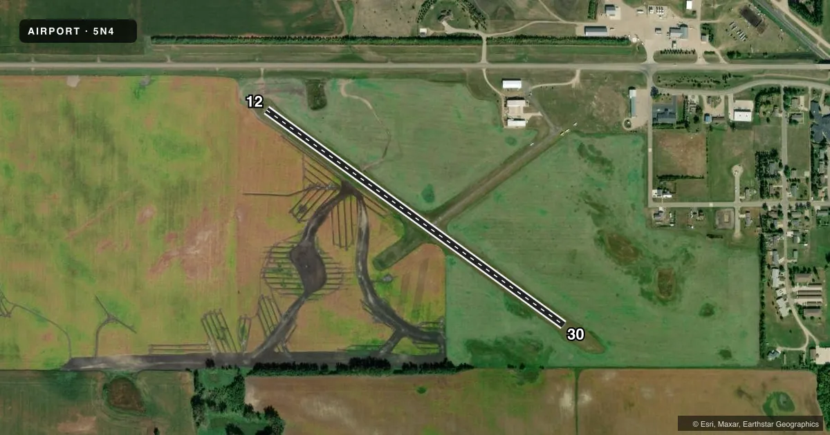 Top-down satellite sketch of 5N4 SKY HAVEN in ENDERLIN, NORTH DAKOTA, showing runways 12/30 drawn to scale over Esri World Imagery