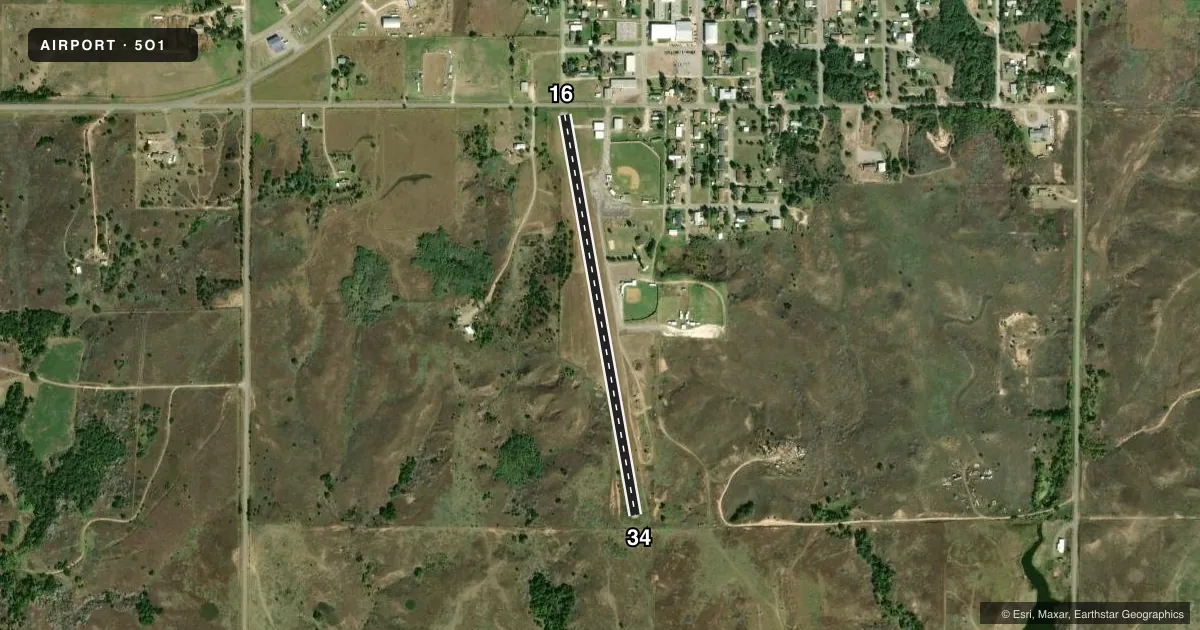 Top-down satellite sketch of 5O1 VICI MUNI in VICI, OKLAHOMA, showing runways 16/34 drawn to scale over Esri World Imagery