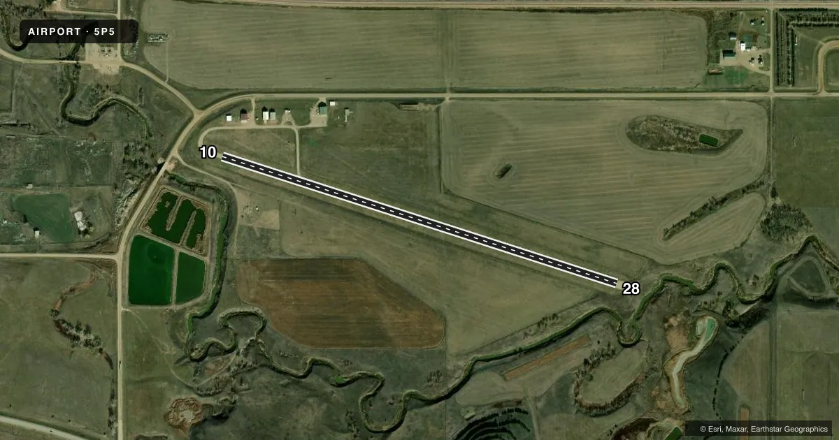 Top-down satellite sketch of 5P5 PRESHO MUNI in PRESHO, SOUTH DAKOTA, showing runways 10/28 drawn to scale over Esri World Imagery