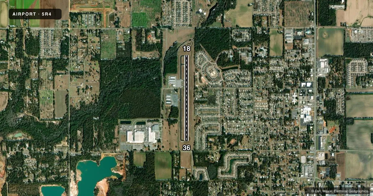 Top-down satellite sketch of 5R4 HOLK FLD AT FOLEY MUNI in FOLEY, ALABAMA, showing runways 18/36 drawn to scale over Esri World Imagery