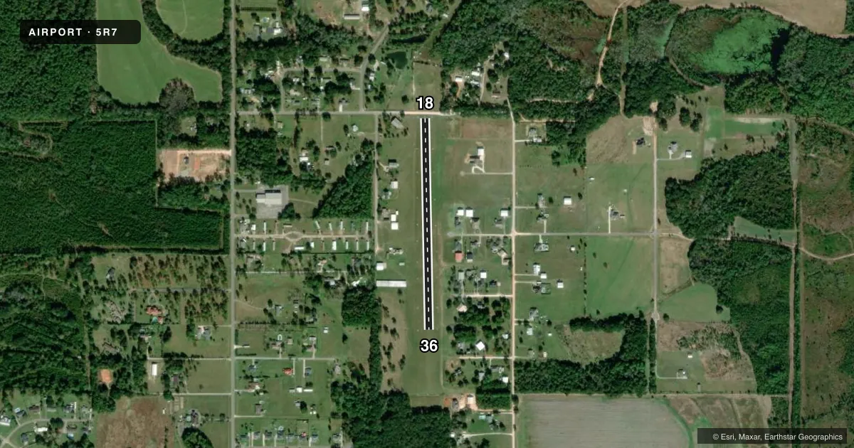 Top-down satellite sketch of 5R7 ROY E RAY in BAYOU LA BATRE, ALABAMA, showing runways 18/36 drawn to scale over Esri World Imagery