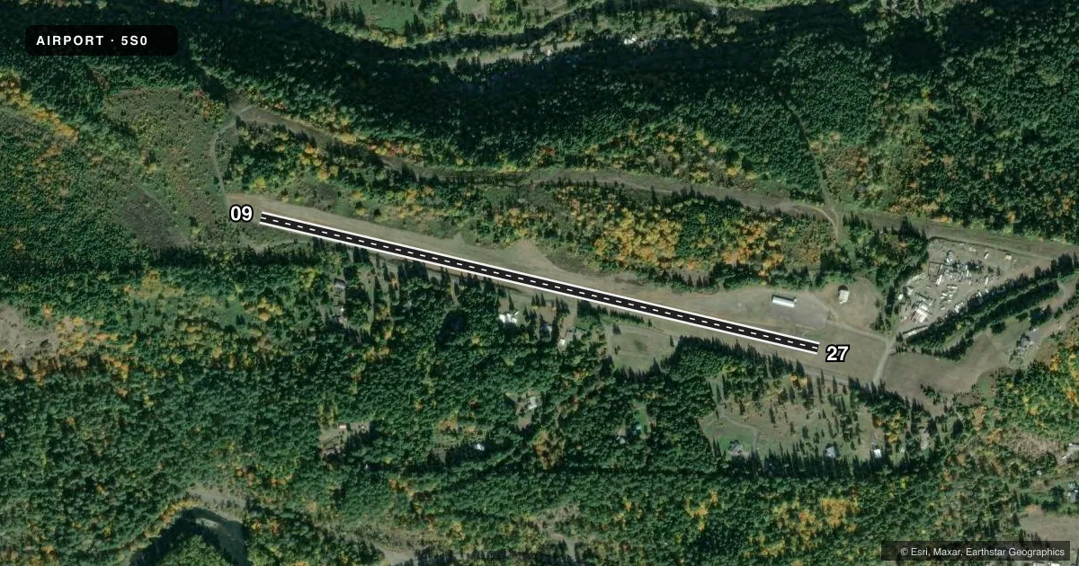 Top-down satellite sketch of 5S0 OAKRIDGE STATE in OAKRIDGE, OREGON, showing runways 09/27 drawn to scale over Esri World Imagery