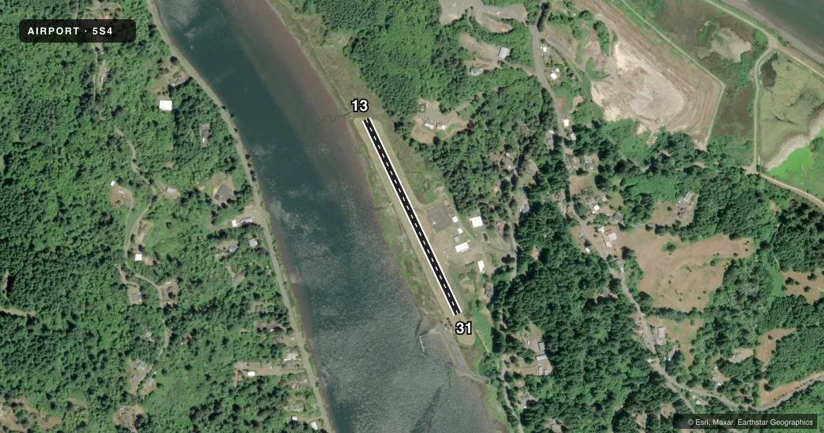 Top-down satellite sketch of 5S4 TOLEDO STATE in TOLEDO, OREGON, showing runways 13/31 drawn to scale over Esri World Imagery