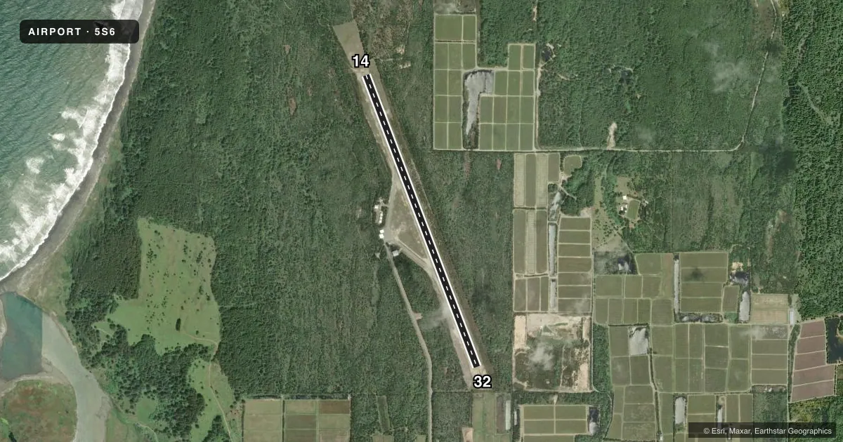 Top-down satellite sketch of 5S6 CAPE BLANCO STATE in SIXES, OREGON, showing runways 14/32 drawn to scale over Esri World Imagery