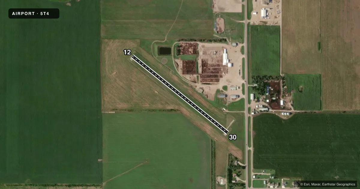 Top-down satellite sketch of 5T4 HERREID MUNI in HERREID, SOUTH DAKOTA, showing runways 12/30 drawn to scale over Esri World Imagery