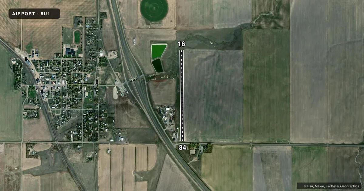 Top-down satellite sketch of 5U1 DUTTON in DUTTON, MONTANA, showing runways 16/34 drawn to scale over Esri World Imagery