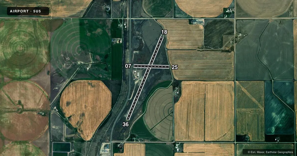 Top-down satellite sketch of 5U5 FAIRFIELD in FAIRFIELD, MONTANA, showing runways 18/36, 07/25 drawn to scale over Esri World Imagery