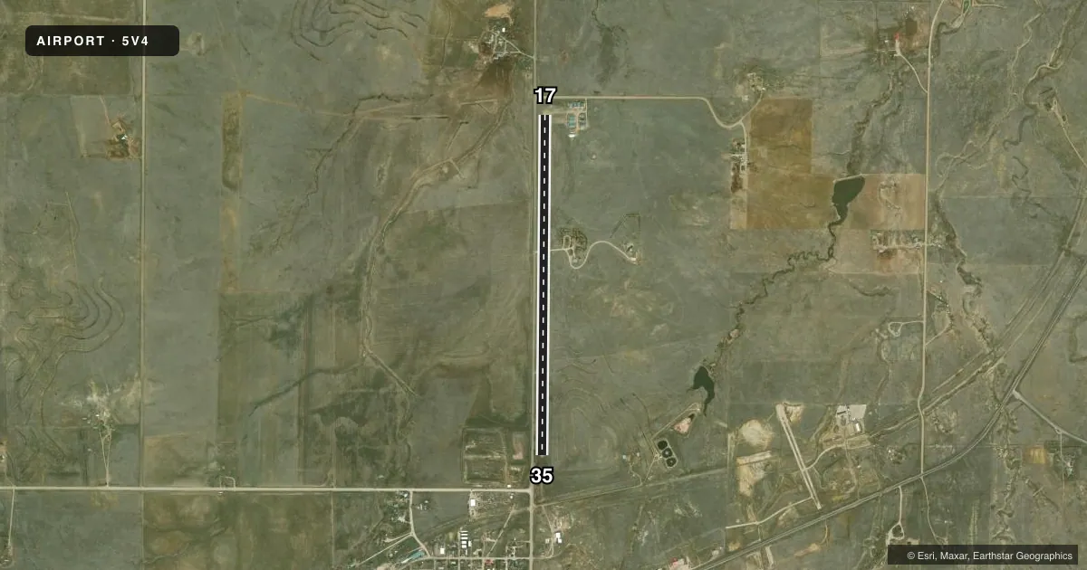 Top-down satellite sketch of 5V4 CALHAN in CALHAN, COLORADO, showing runways 17/35 drawn to scale over Esri World Imagery
