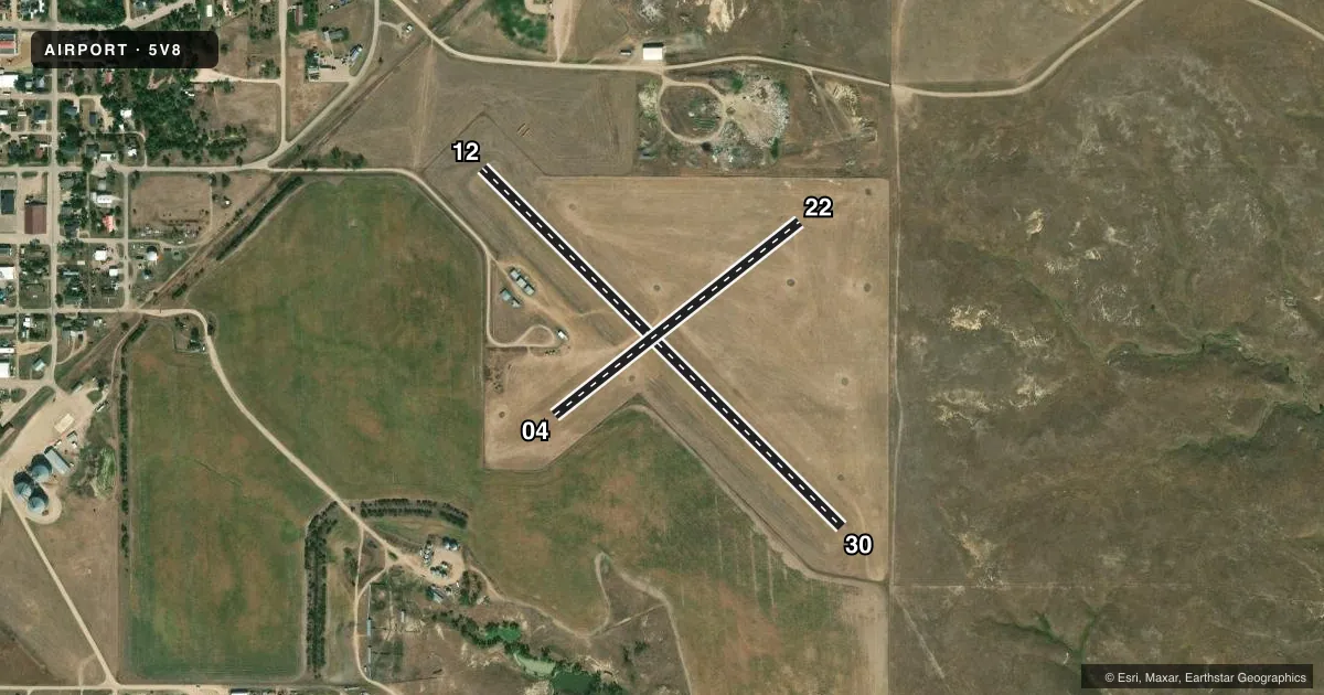 Top-down satellite sketch of 5V8 KADOKA MUNI in KADOKA, SOUTH DAKOTA, showing runways 12/30, 04/22 drawn to scale over Esri World Imagery
