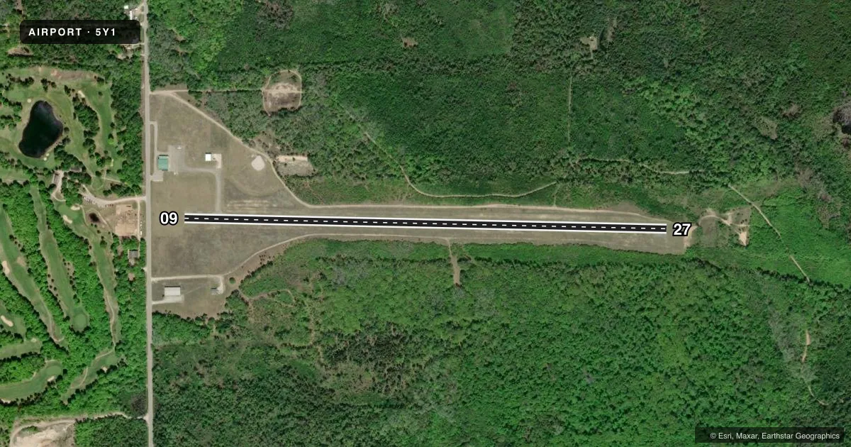 Top-down satellite sketch of 5Y1 ALBERT J LINDBERG in HESSEL, MICHIGAN, showing runways 09/27 drawn to scale over Esri World Imagery