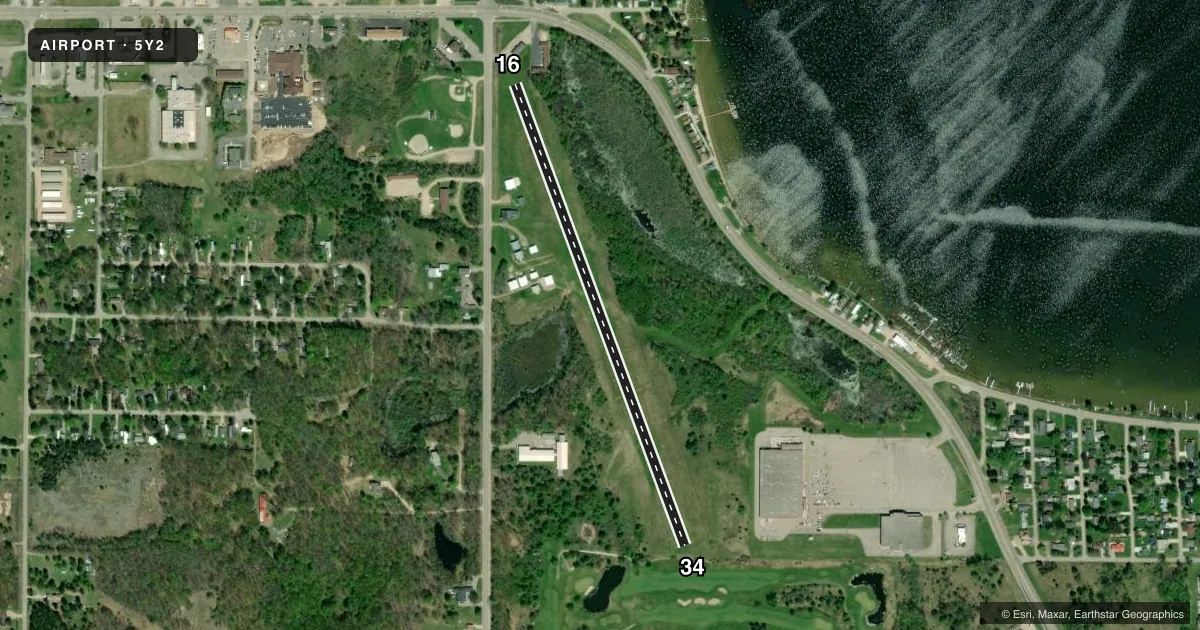 Top-down satellite sketch of 5Y2 HOUGHTON LAKE STATE in HOUGHTON LAKE HEIGHTS, MICHIGAN, showing runways 16/34 drawn to scale over Esri World Imagery