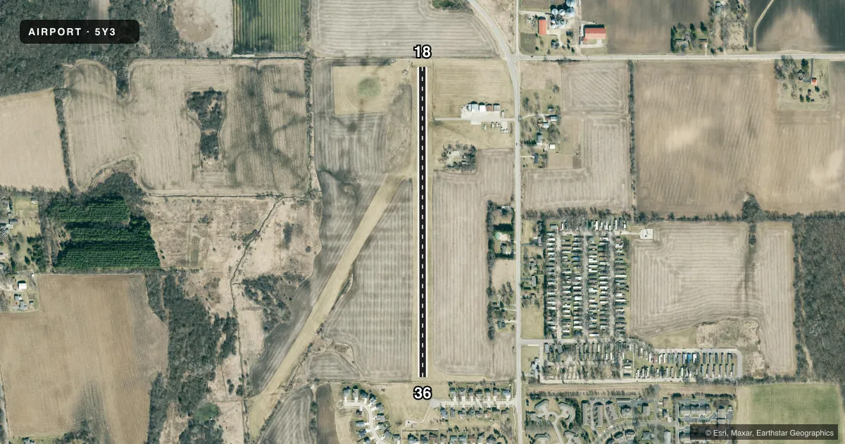 Top-down satellite sketch of 5Y3 GUTZMER'S TWIN OAKS in WHITEWATER, WISCONSIN, showing runways 18/36 drawn to scale over Esri World Imagery