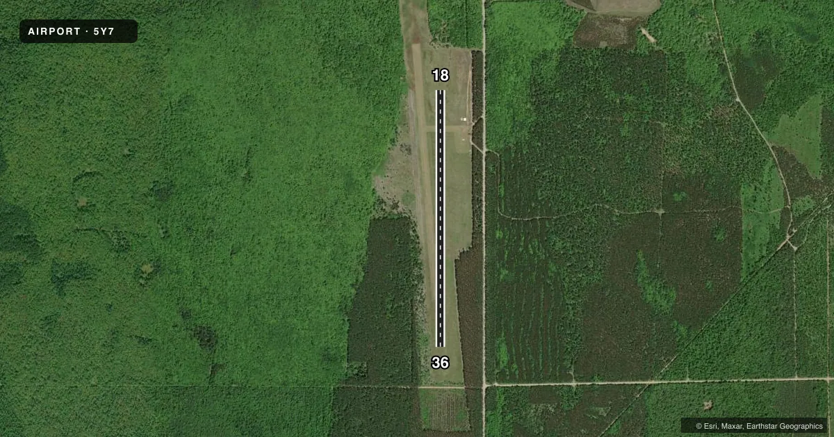 Top-down satellite sketch of 5Y7 HANLEY FLD in MUNISING, MICHIGAN, showing runways 18/36 drawn to scale over Esri World Imagery