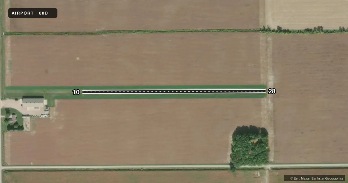 Top-down satellite sketch of 60D BAUER FLD in REESE, MICHIGAN, showing runways 10/28 drawn to scale over Esri World Imagery
