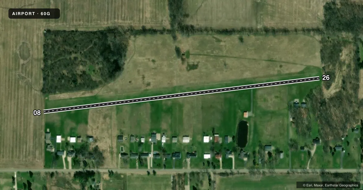 Top-down satellite sketch of 60G SKYWAY ESTATES in EATON RAPIDS, MICHIGAN, showing runways 08/26 drawn to scale over Esri World Imagery