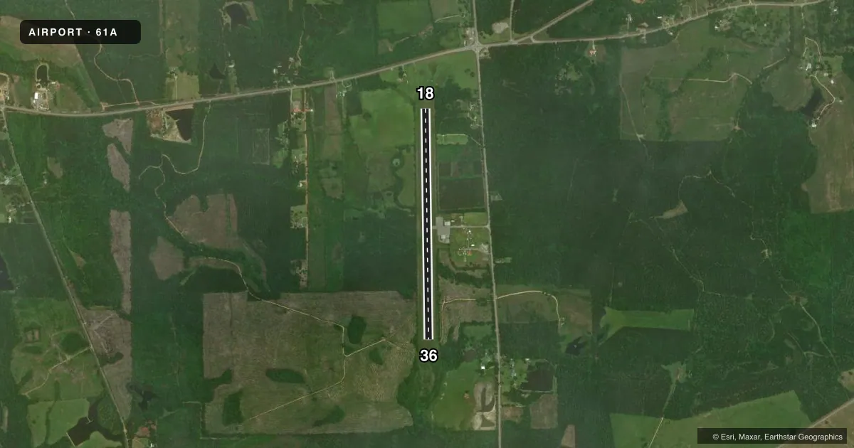 Top-down satellite sketch of 61A CAMDEN MUNI in CAMDEN, ALABAMA, showing runways 18/36 drawn to scale over Esri World Imagery