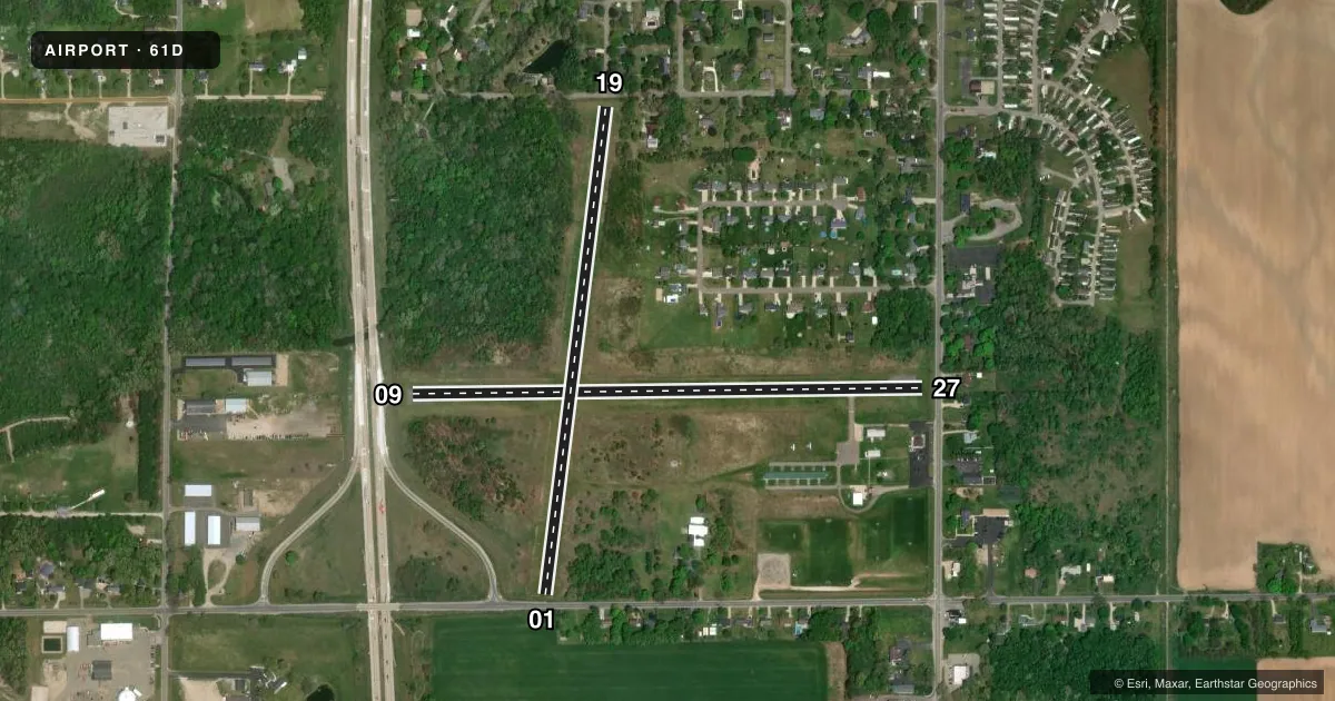 Top-down satellite sketch of 61D VIRGIL L WILLIAMS PLAINWELL MUNI in PLAINWELL, MICHIGAN, showing runways 09/27, 01/19 drawn to scale over Esri World Imagery