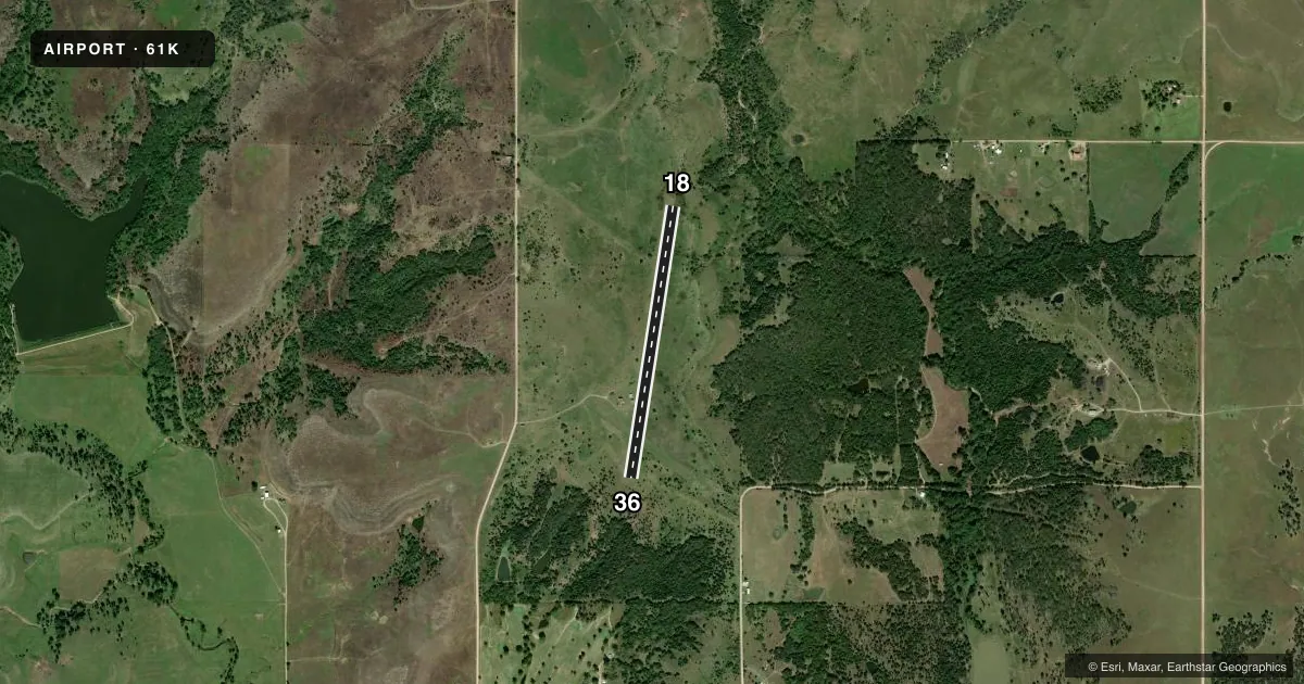 Top-down satellite sketch of 61K SEDAN CITY in SEDAN, KANSAS, showing runways 18/36 drawn to scale over Esri World Imagery