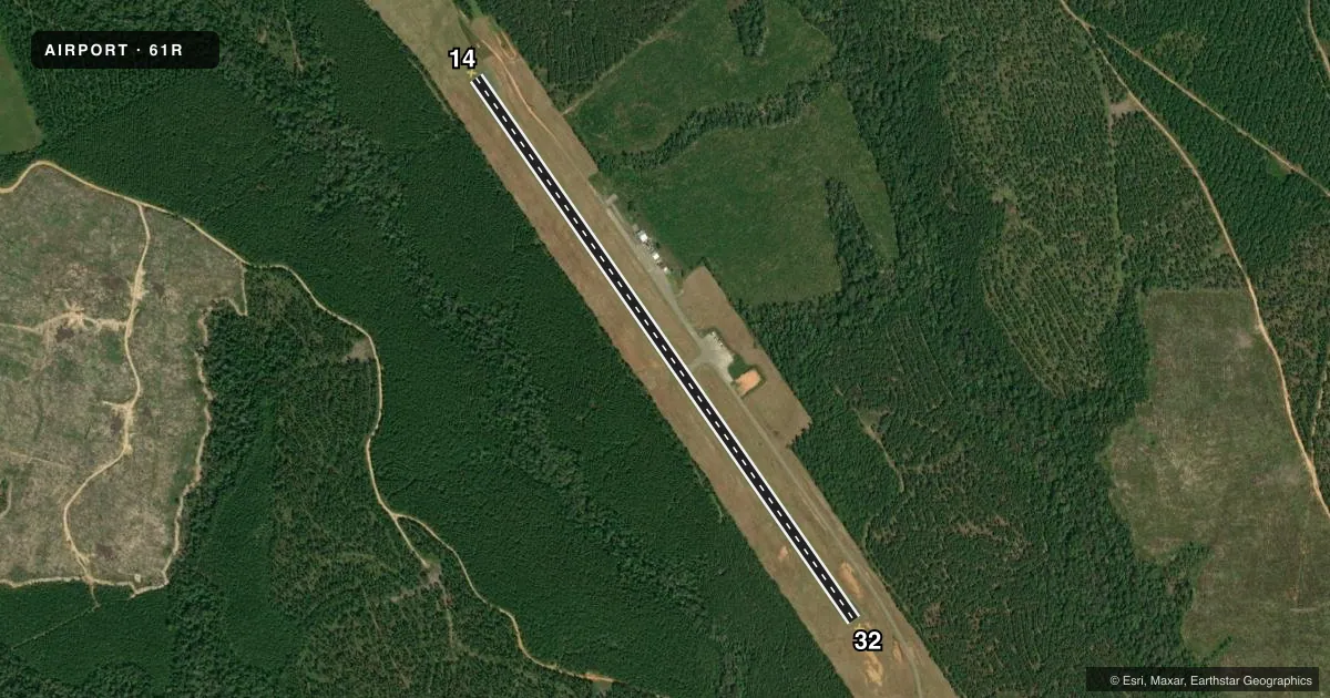 Top-down satellite sketch of 61R NEWTON MUNI in NEWTON, TEXAS, showing runways 14/32 drawn to scale over Esri World Imagery