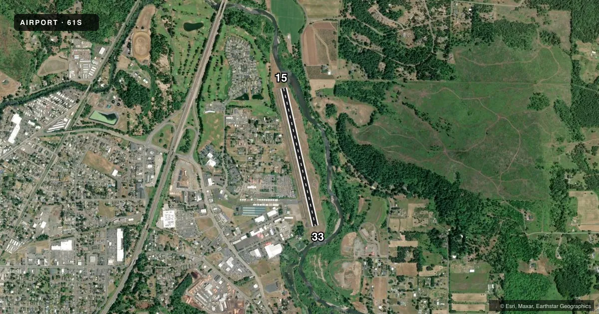 Top-down satellite sketch of 61S COTTAGE GROVE STATE in COTTAGE GROVE, OREGON, showing runways 15/33 drawn to scale over Esri World Imagery