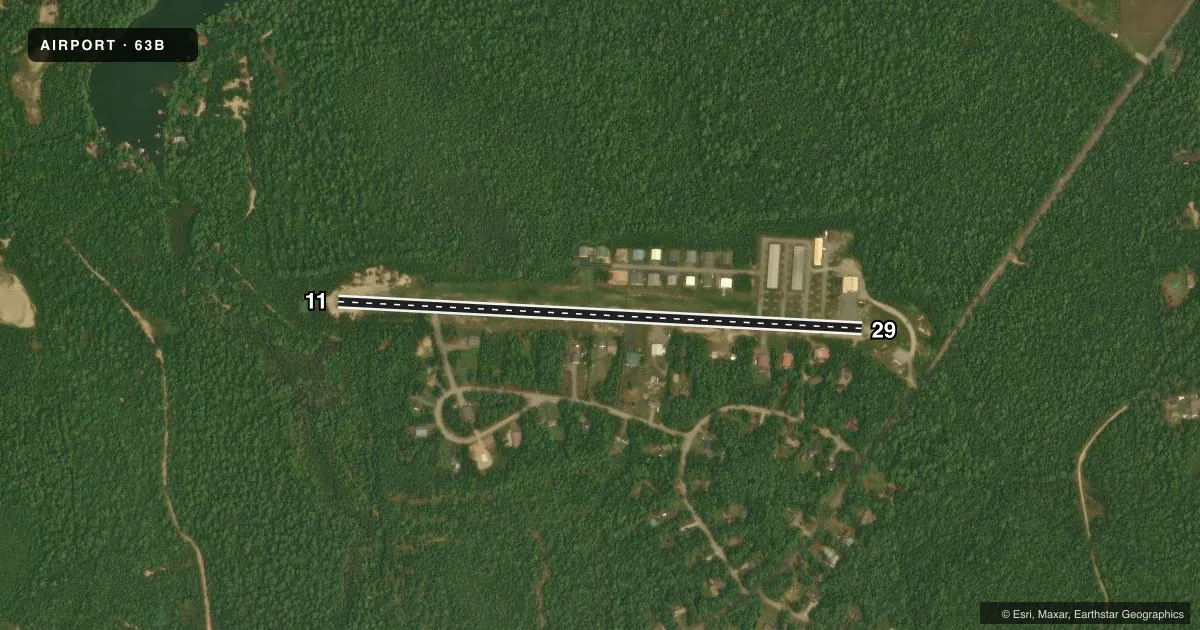 Top-down satellite sketch of 63B LIMINGTON-HARMON in LIMINGTON, MAINE, showing runways 11/29 drawn to scale over Esri World Imagery