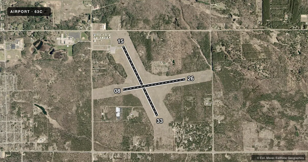 Top-down satellite sketch of 63C ADAMS COUNTY LEGION FLD in FRIENDSHIP (ADAMS), WISCONSIN, showing runways 15/33, 08/26 drawn to scale over Esri World Imagery
