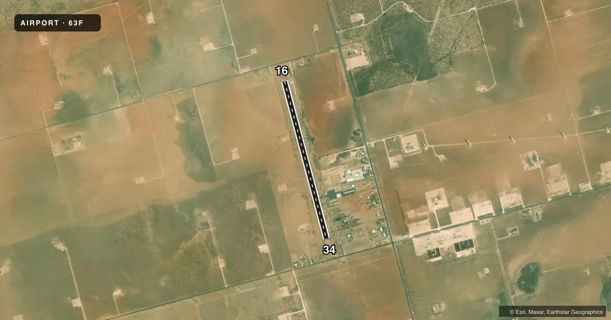 Top-down satellite sketch of 63F STANTON MUNI in STANTON, TEXAS, showing runways 16/34 drawn to scale over Esri World Imagery