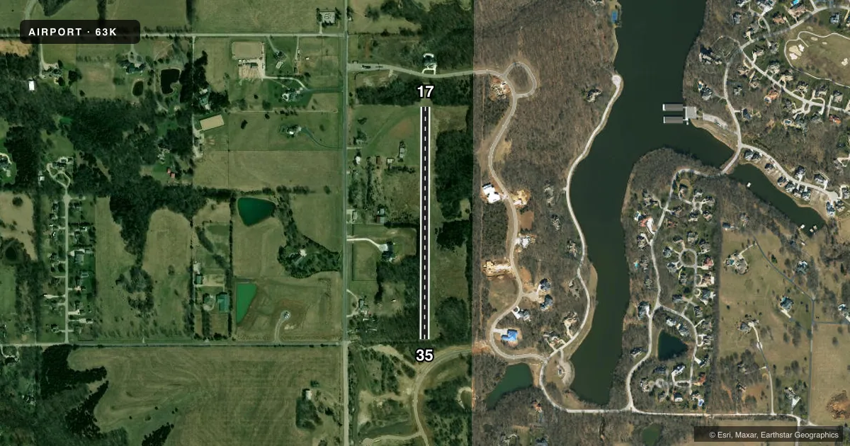Top-down satellite sketch of 63K HILLSIDE in STILWELL, KANSAS, showing runways 17/35 drawn to scale over Esri World Imagery