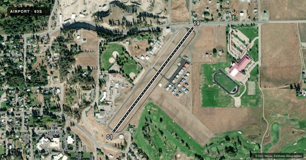 Top-down satellite sketch of 63S COLVILLE MUNI in COLVILLE, WASHINGTON, showing runways 01/19 drawn to scale over Esri World Imagery