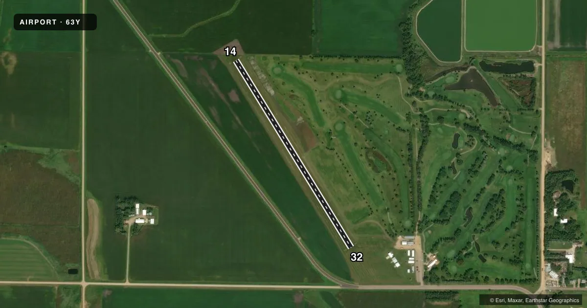 Top-down satellite sketch of 63Y TYLER MUNI in TYLER, MINNESOTA, showing runways 14/32 drawn to scale over Esri World Imagery