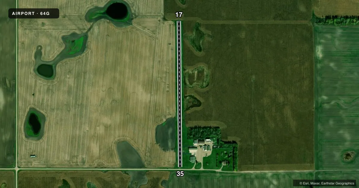 Top-down satellite sketch of 64G PAGE RGNL in PAGE, NORTH DAKOTA, showing runways 17/35 drawn to scale over Esri World Imagery