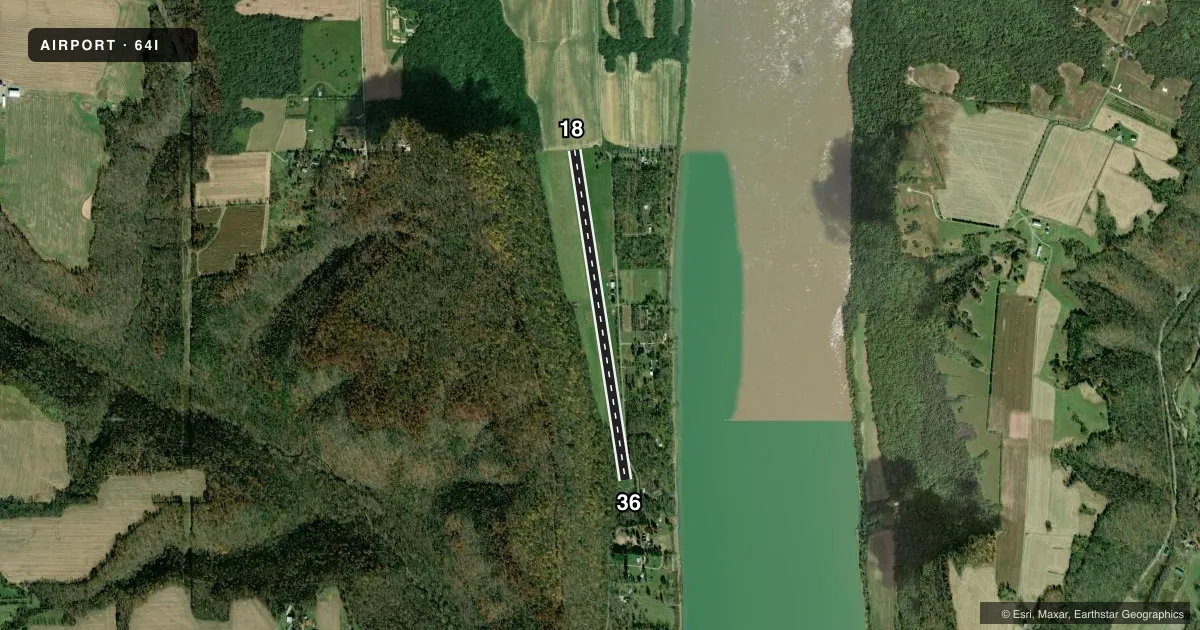 Top-down satellite sketch of 64I LEE BOTTOM in HANOVER, INDIANA, showing runways 18/36 drawn to scale over Esri World Imagery