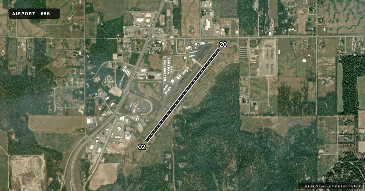 Top-down satellite sketch of 65S BOUNDARY COUNTY in BONNERS FERRY, IDAHO, showing runways 02/20 drawn to scale over Esri World Imagery